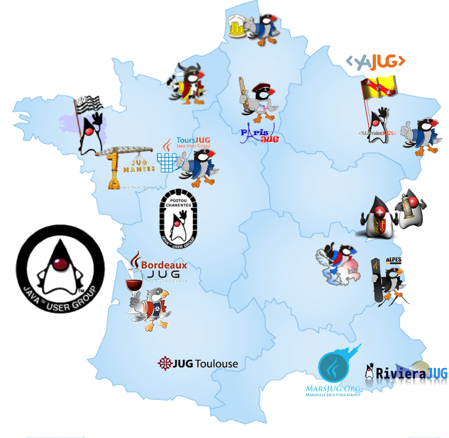 Carte des Java User Groups de France